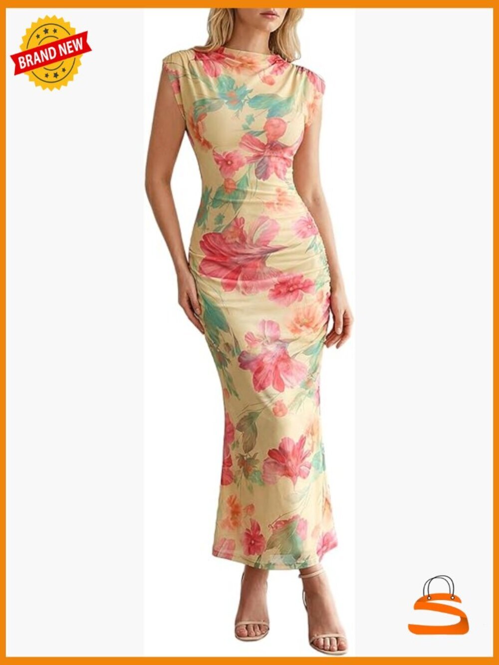 Sleeveless Ruched Bodycon Midi Dress Mock Neck Slit Thigh Summer